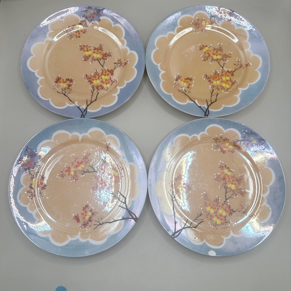 Vintage Japanese Lusterware Plates Set of 4 Salad Cherry Blossom As-Is Read